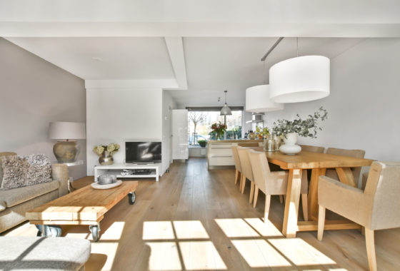 The interior of the studio format with a dining area, living area and a small kitchen in a modern house